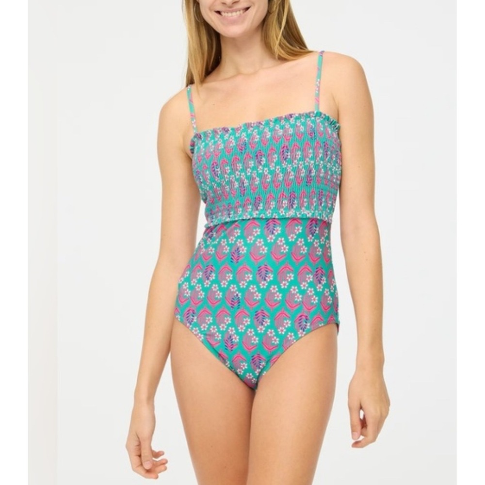 J.Crew Smocked Squareneck One Piece Swimsuit Teal Floral Pink Size L Large